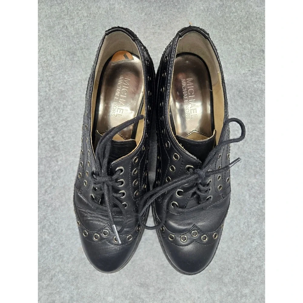 Michael Kors Black Leather Grommet Eyelet Lace Up Block Heel Oxfords 7M Goth - Picture 3 of 7